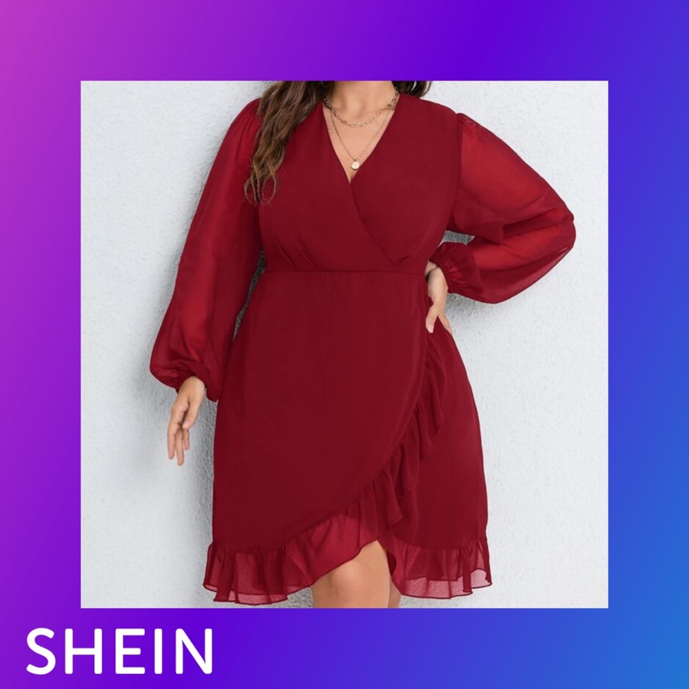 SHEIN Red Asymmetrical Ruffled Wrap Dress